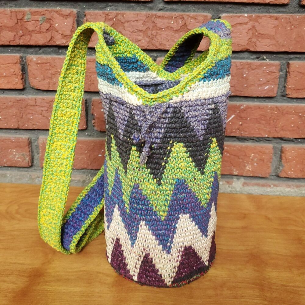 Crochet Drawstring Bucket Bag Shoulder Crossbody Boho Hippie Colorful Chevron